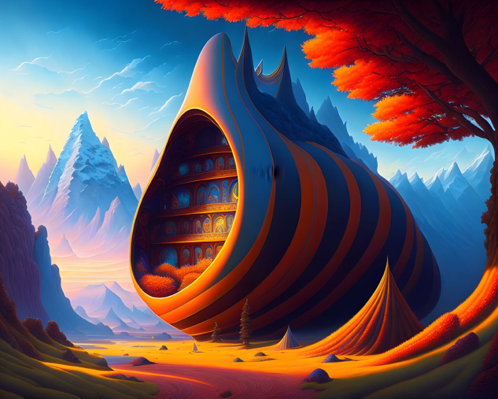 Fantastical landscape with shell-like structure, autumn trees, snowy mountains, and vibrant sky