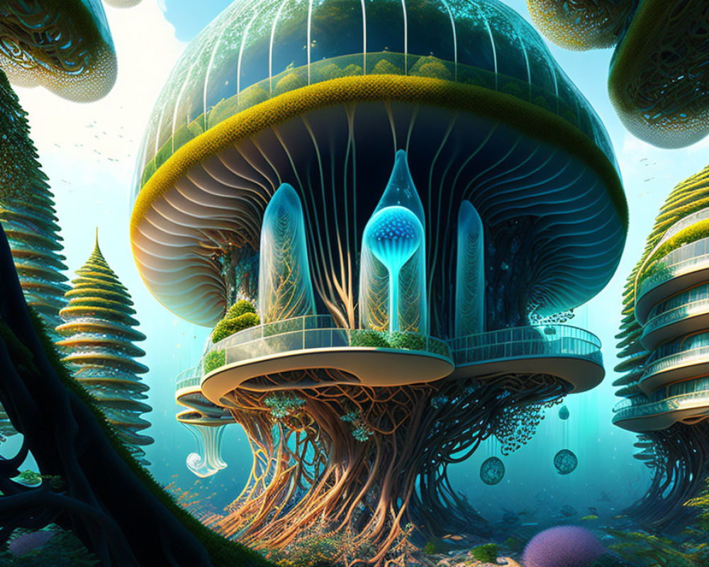 Futuristic city with mushroom structures and suspended orbs in alien landscape