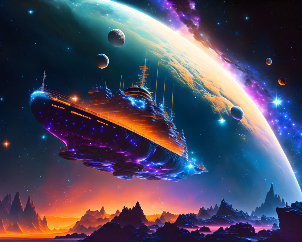 Colossal spaceship flying over vibrant alien landscape