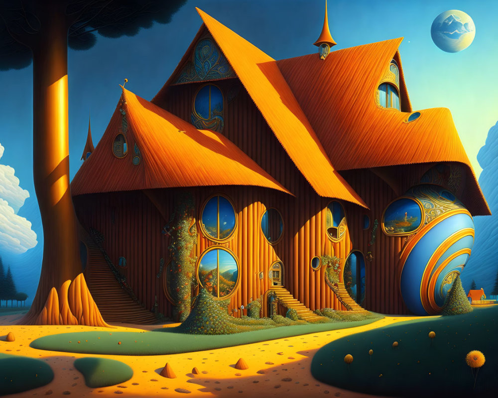 Whimsical house illustration with curved architecture and fantasy landscape