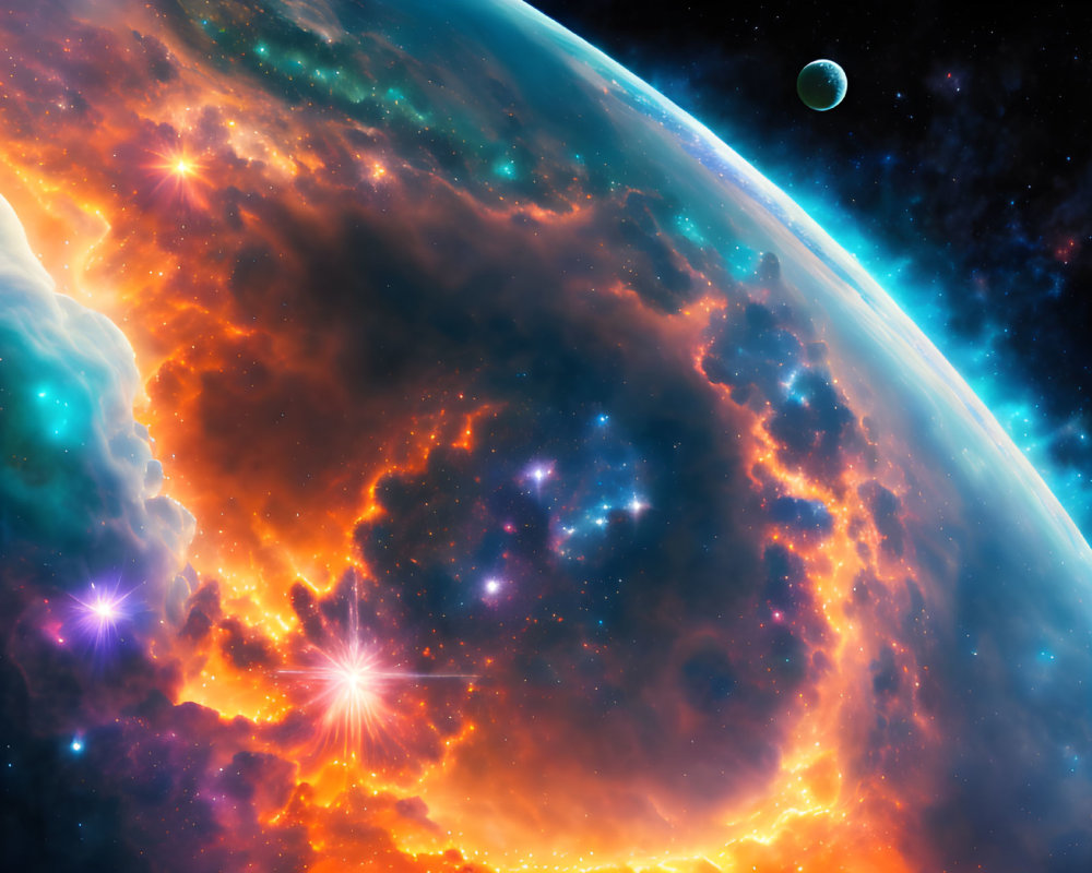 Colorful Space Scene with Planet, Moon, Nebula, and Stars