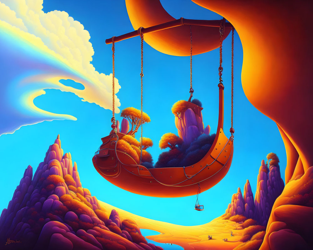 Vibrant surreal illustration of fantasy landscape with orange ship swing, whimsical hills, and clouds