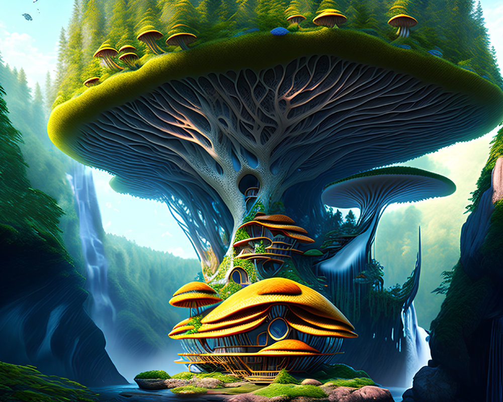 Fantasy landscape with giant mushroom tree and exotic house surrounded by waterfalls