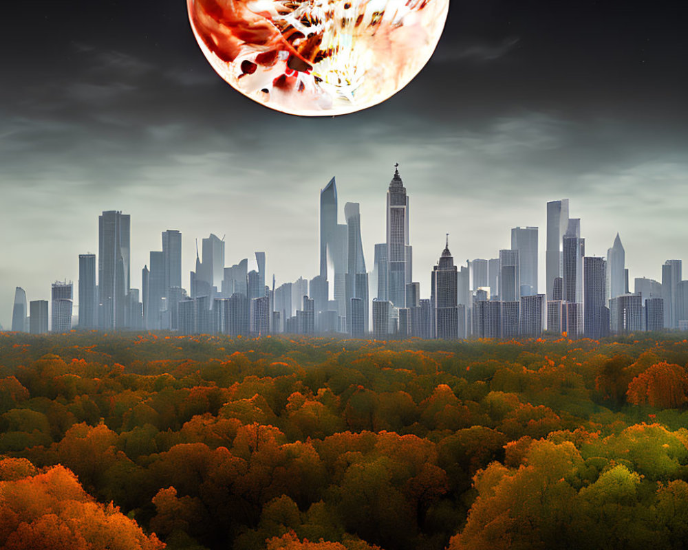 Surreal cityscape with fiery planet over autumnal forest