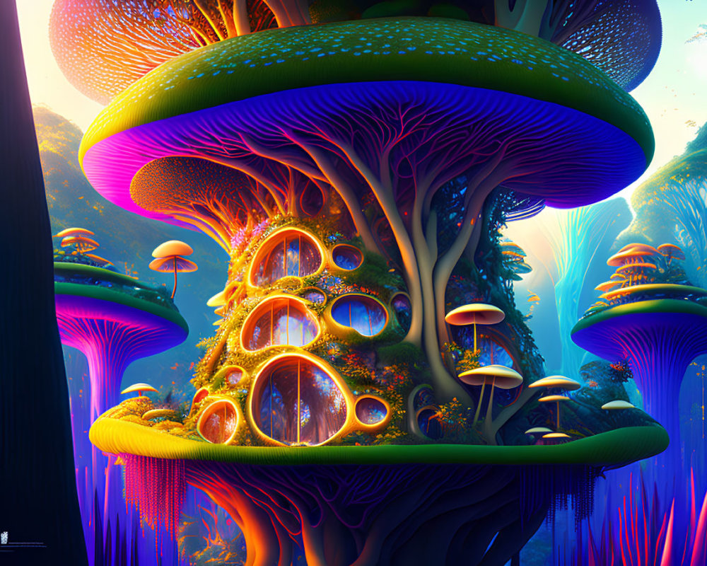 Colorful Fantasy Landscape with Oversized Illuminated Mushrooms