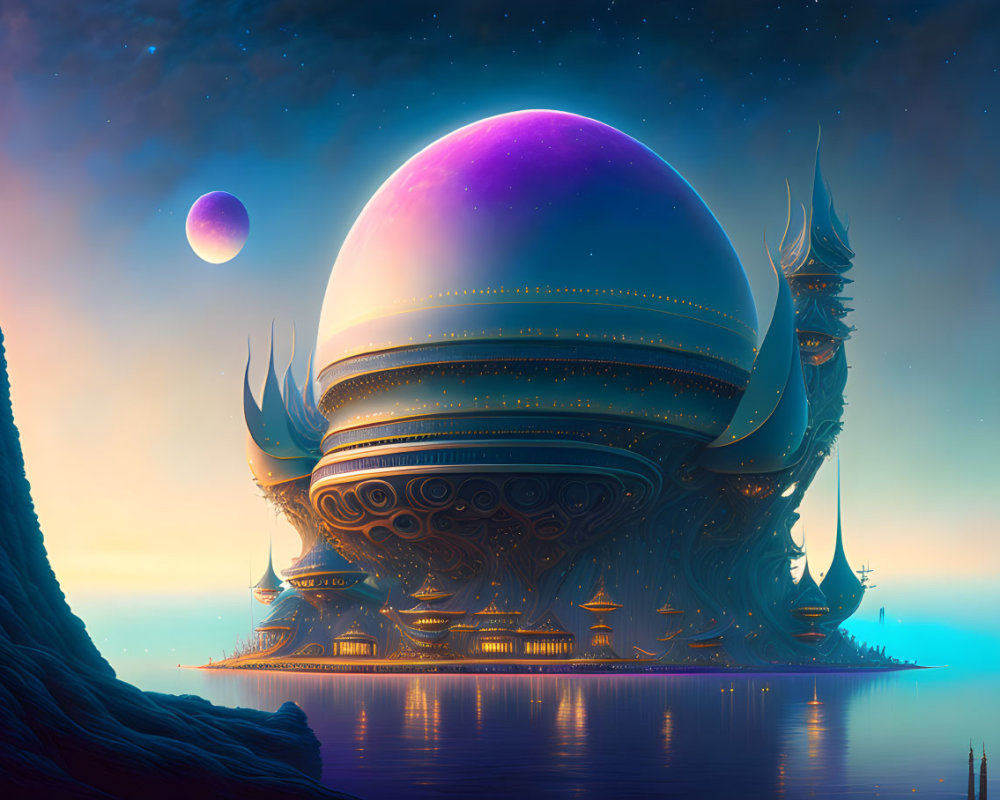 Alien palace with ornate spires under a purple sky by tranquil waters