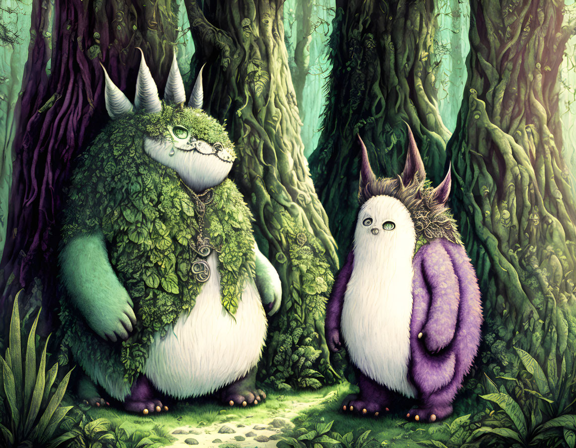 Whimsical fantasy creatures with horns in enchanted forest