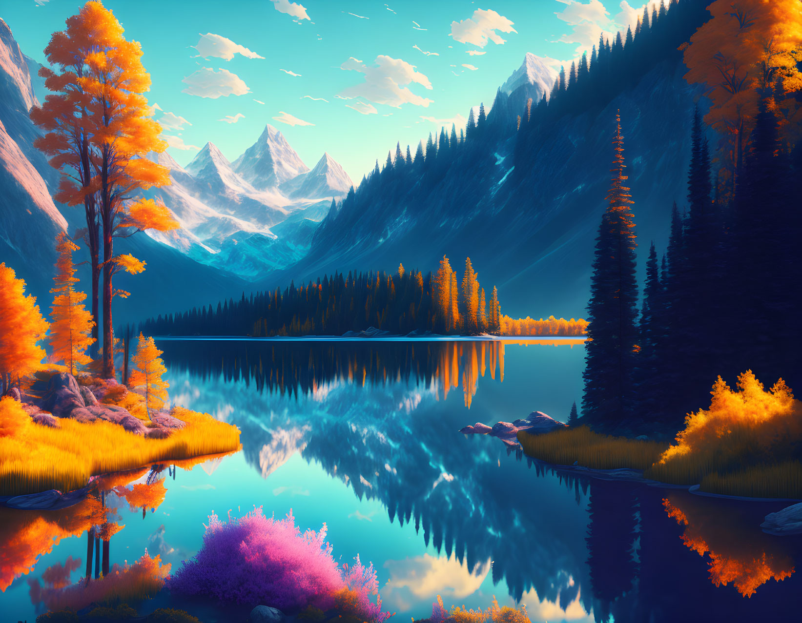 Tranquil autumn landscape with vibrant trees and mountain lake