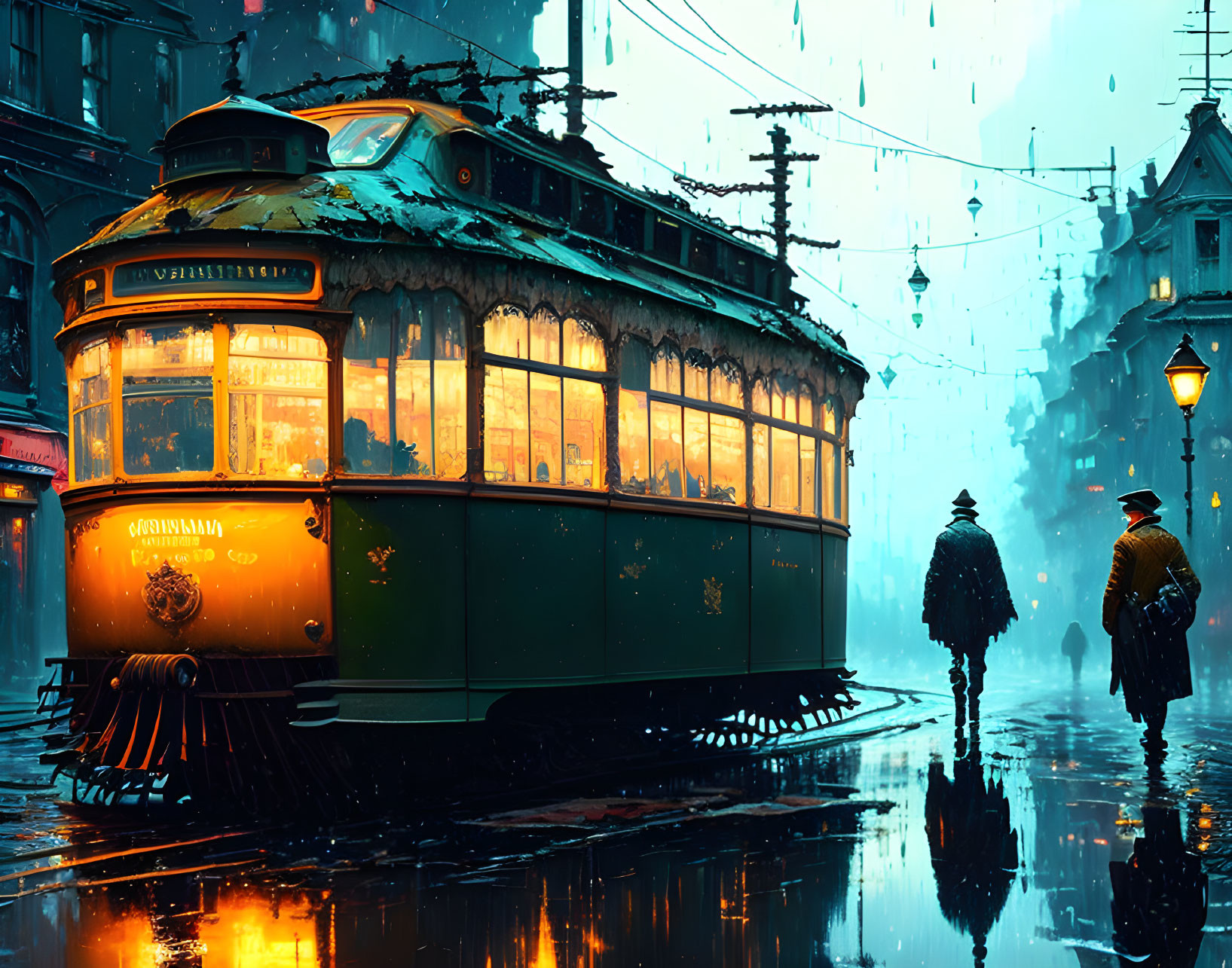 Vintage tram and pedestrians in rain on cobblestone street