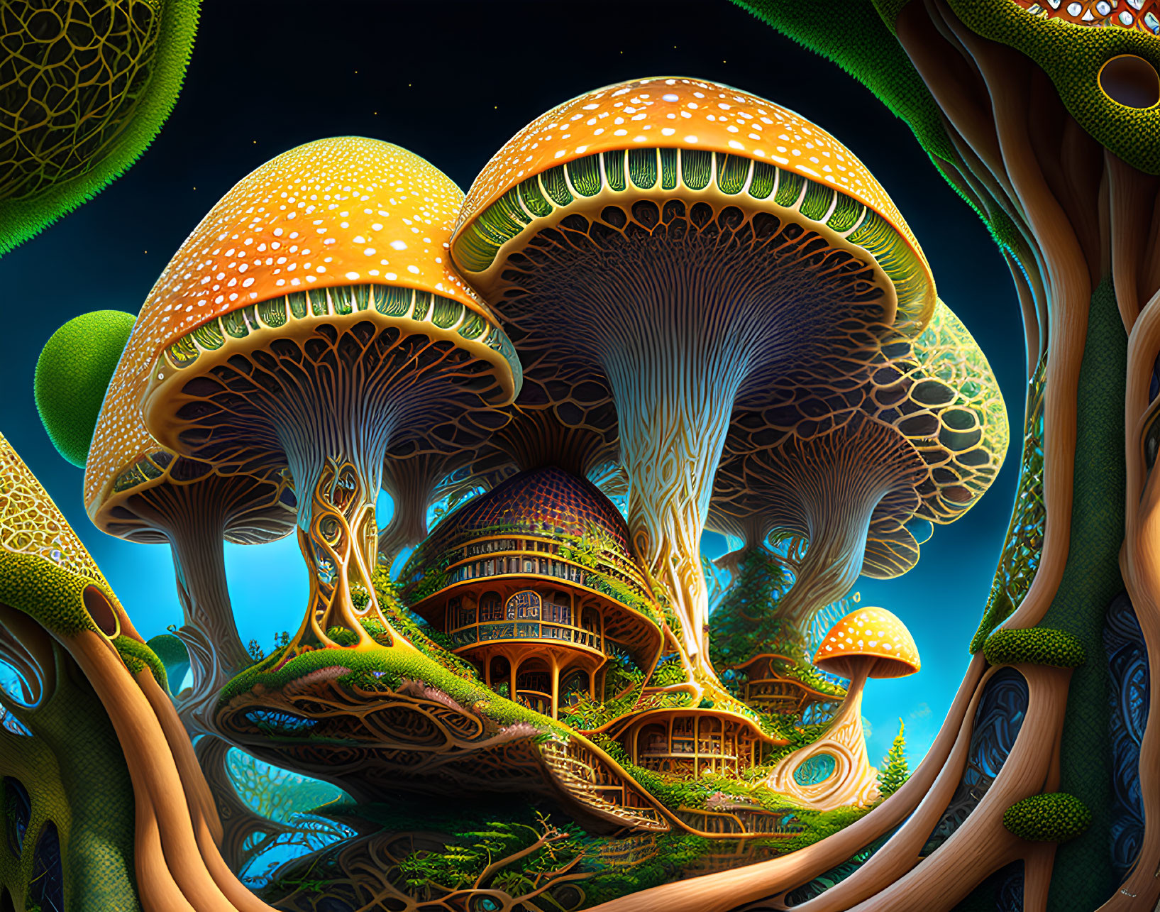 Fantastical mushrooms and treehouse in night sky