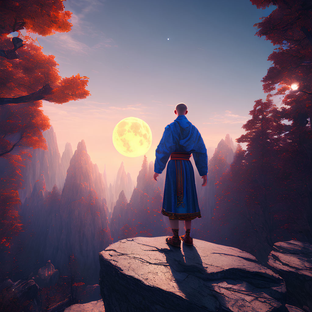 Person in Blue Robe on Cliff Overlooking Mountain Range at Sunset