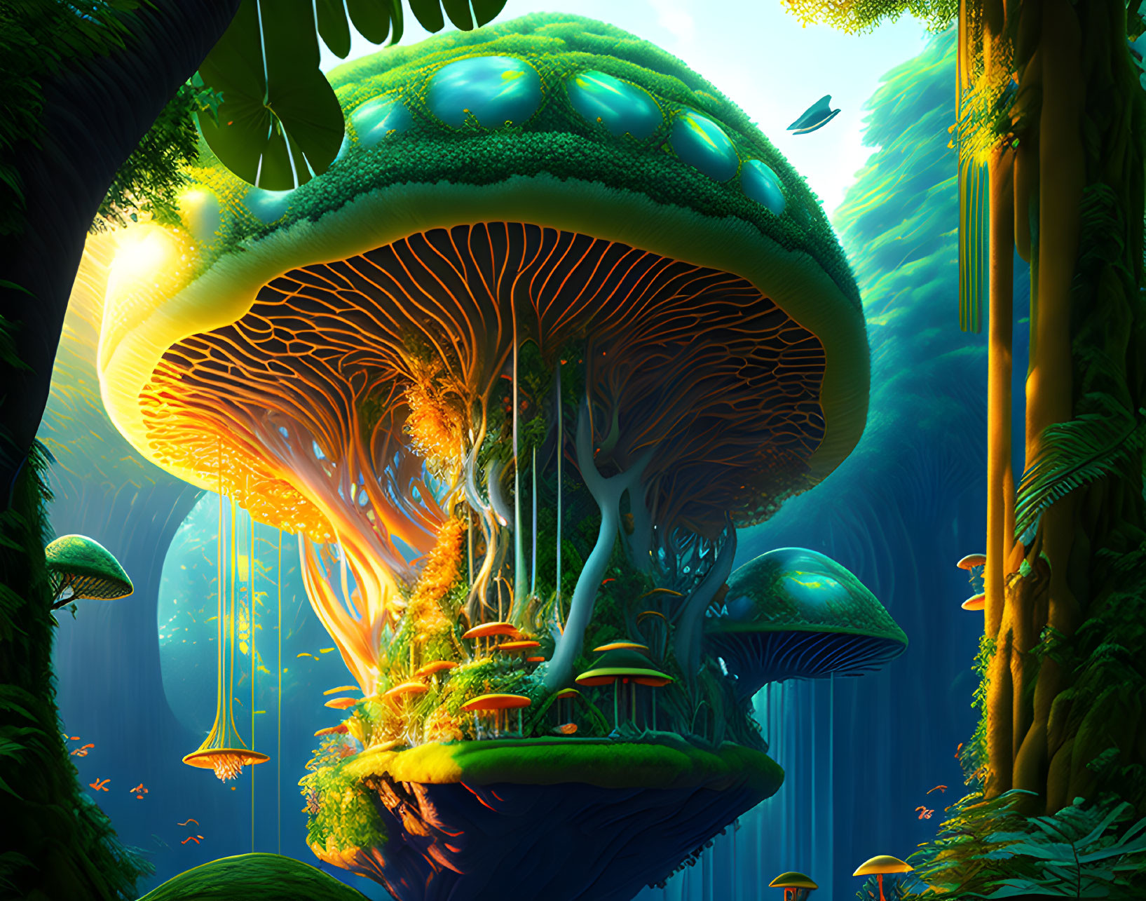 Fantasy forest with giant mushroom, glowing tendrils & lush greenery