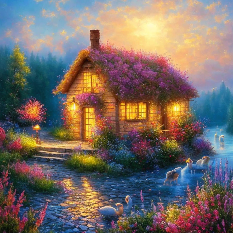 Pink Flower-Covered Cottage with Stone Path and Ducks at Twilight