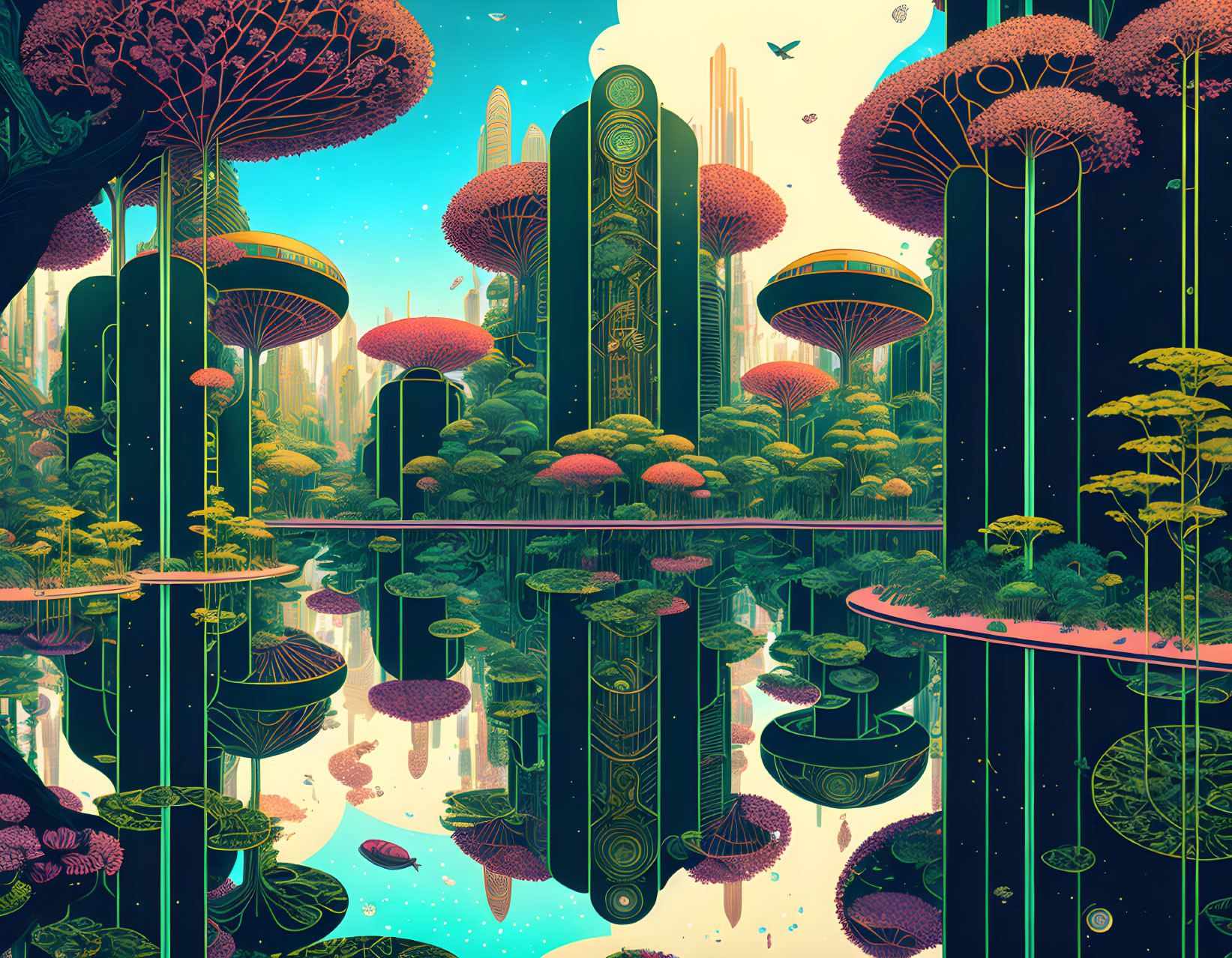 Futuristic landscape with tall structures and oversized mushroom-like flora