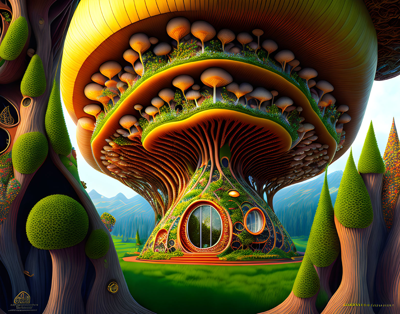 Colorful Artwork: Whimsical Mushroom House in Fantastical Forest