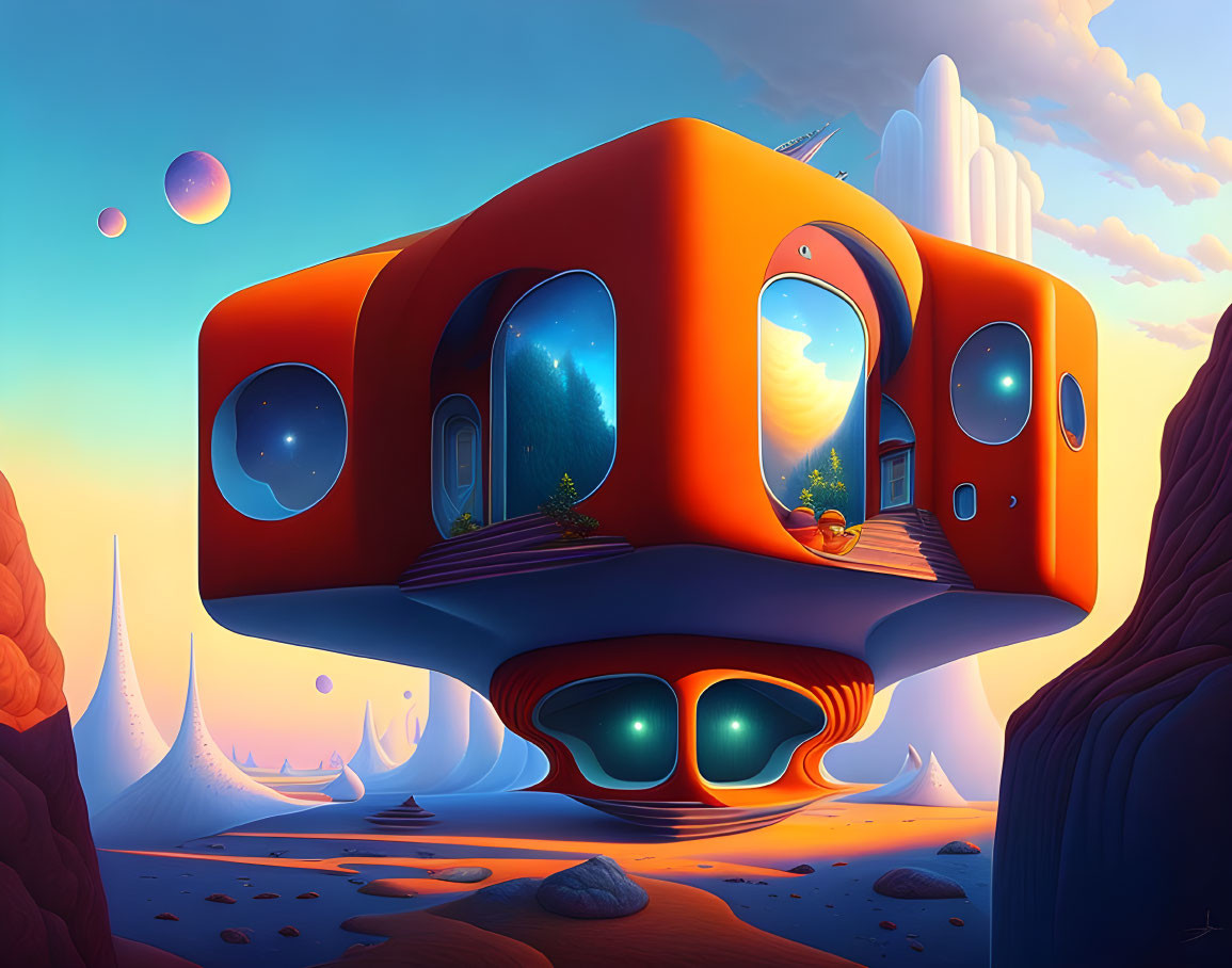 Surreal floating house in colorful alien landscape