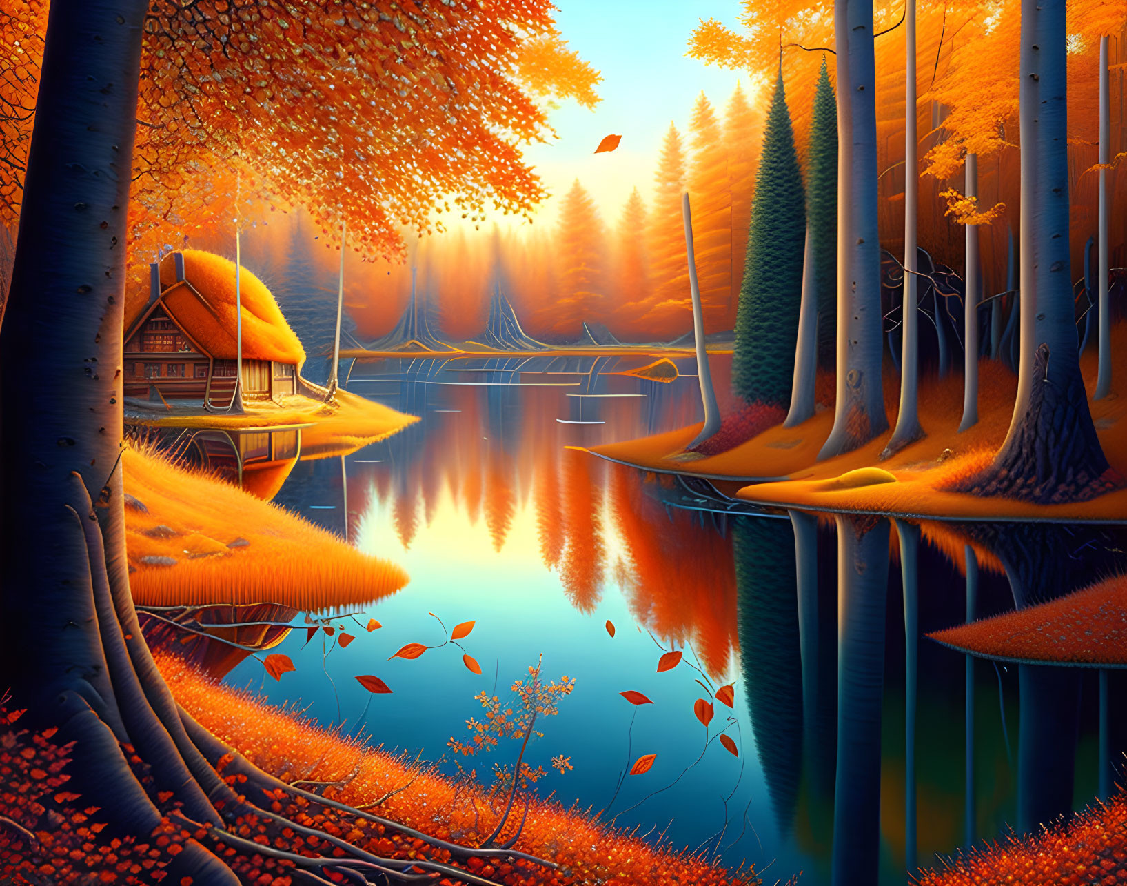 Tranquil autumn lake with orange trees and cozy cabin