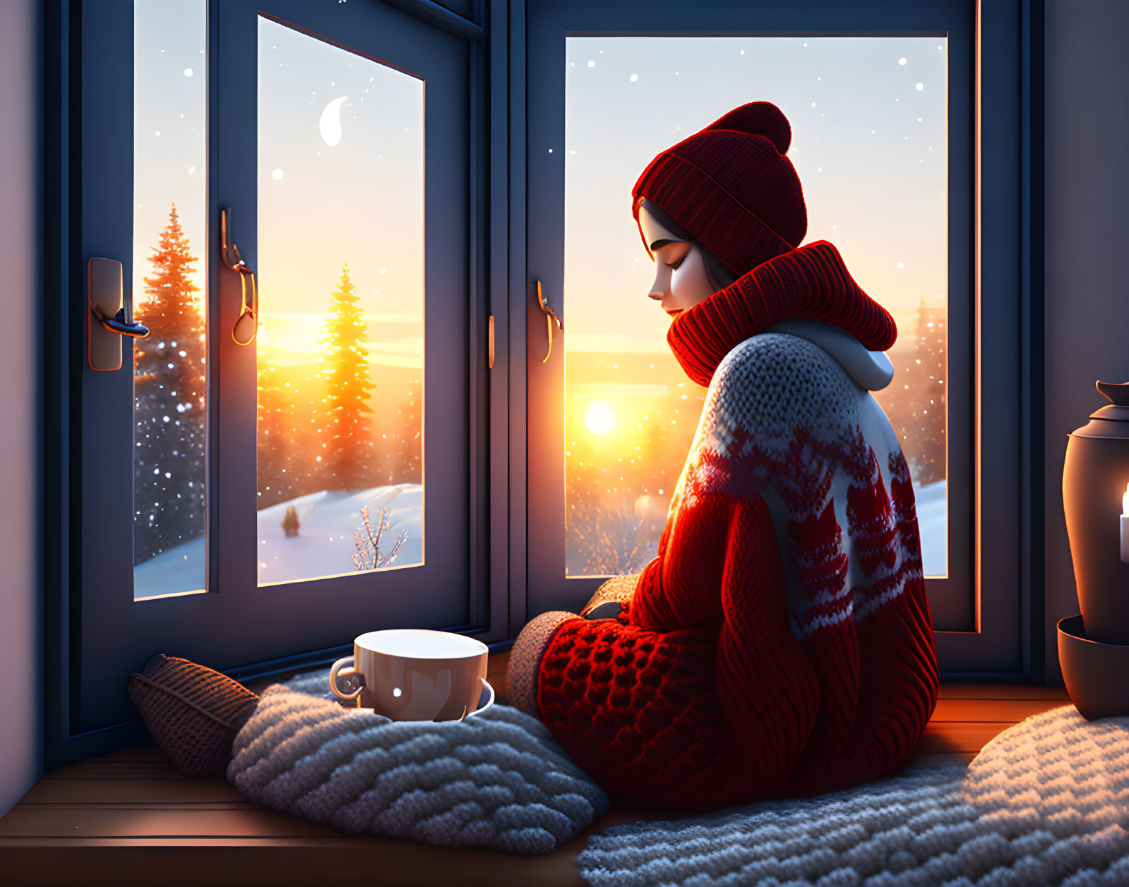 Person in warm sweater gazes at snowy sunset landscape with mug