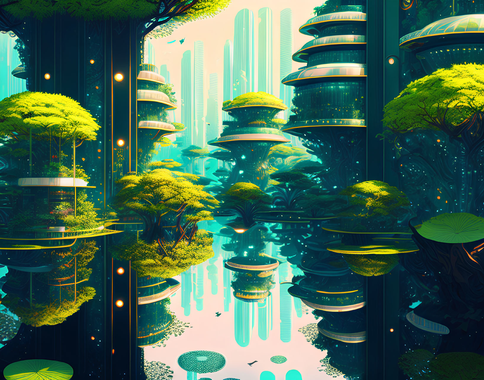 Futuristic sci-fi cityscape with lush greenery and reflective water