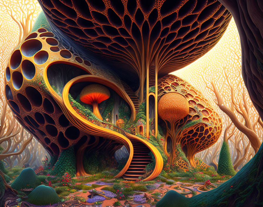 Colorful forest with oversized mushrooms and honeycomb structures in a fantastical setting