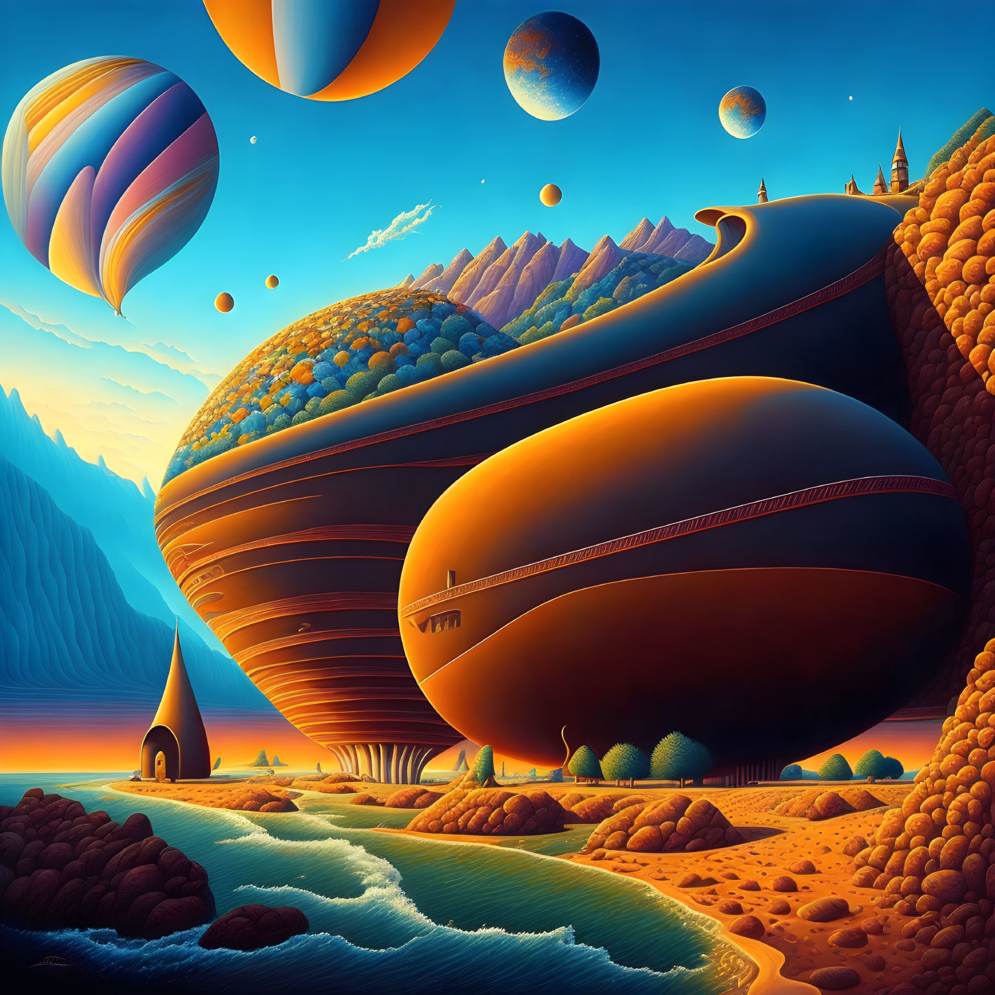 Vibrant surreal landscape with floating islands and hot air balloons