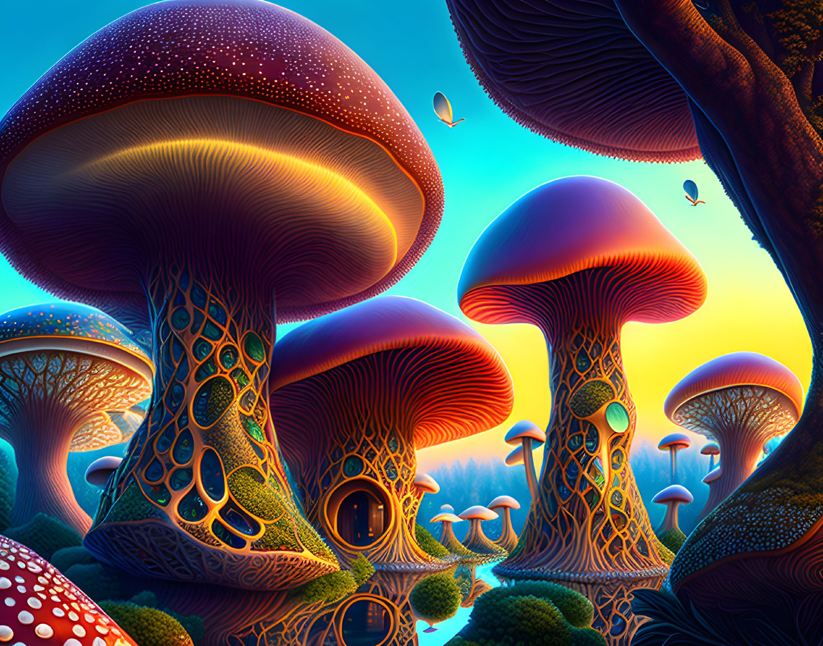 Colorful Mushroom Forest with Floating Airships