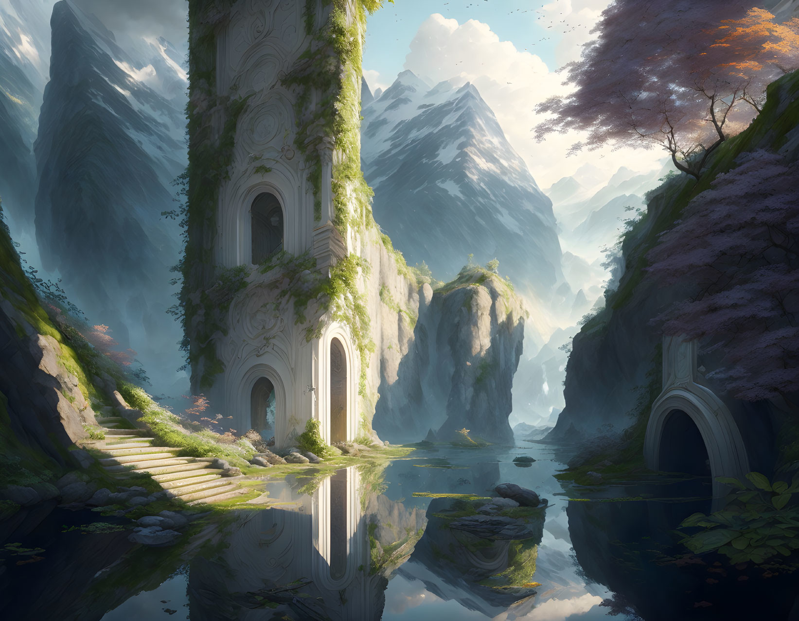 Fantasy landscape with ornate tower, cliff, water, greenery, mountains