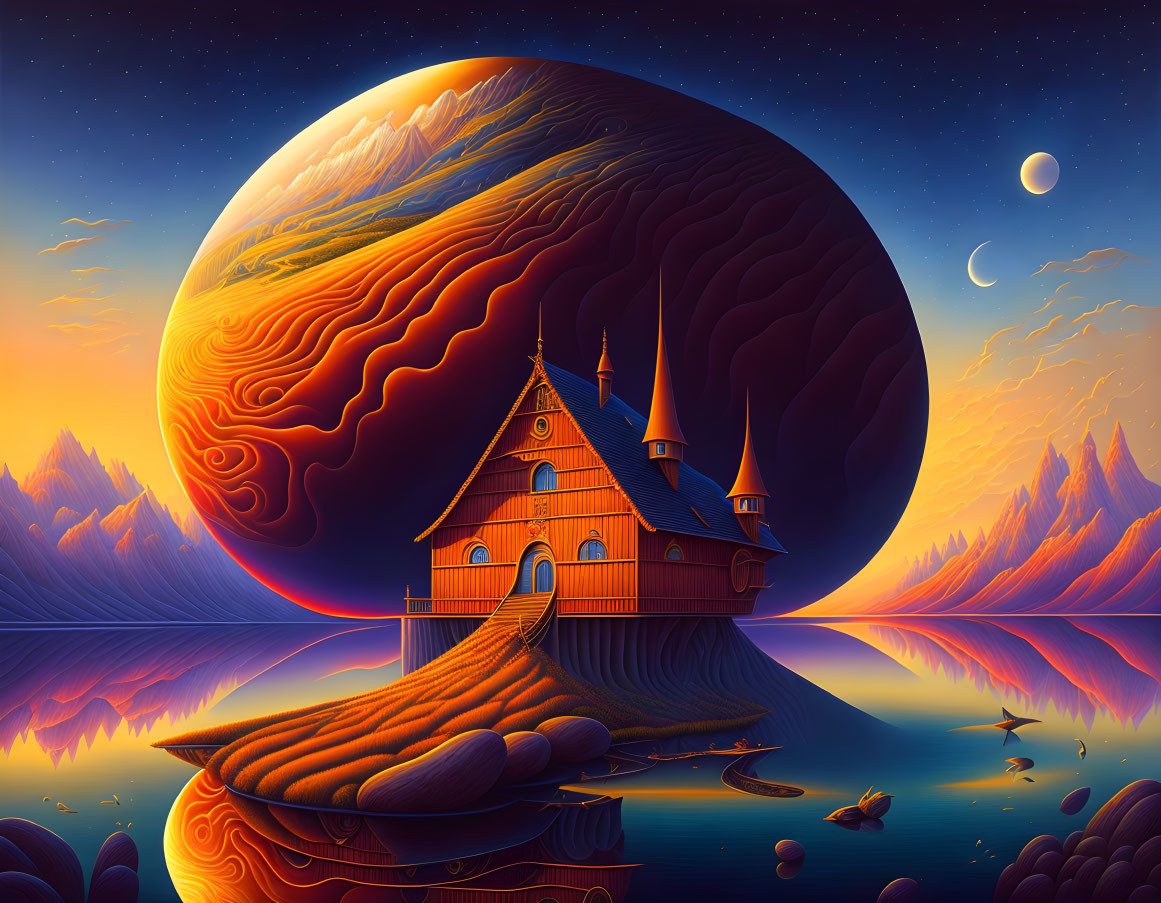 Fantastical wooden house on rocky island with giant planet in surreal landscape