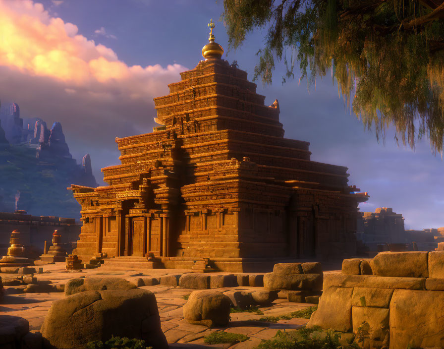 Ancient temple with intricate carvings in warm sunset light amid rocky terrain and greenery.