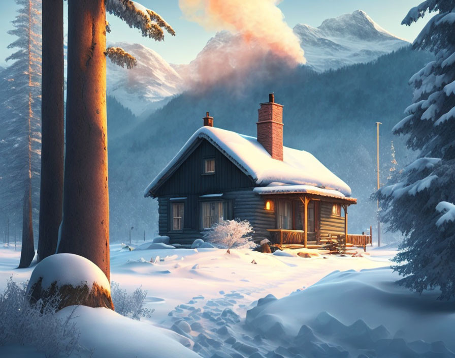 Snowy Landscape: Cozy Wooden Cabin with Smoking Chimney