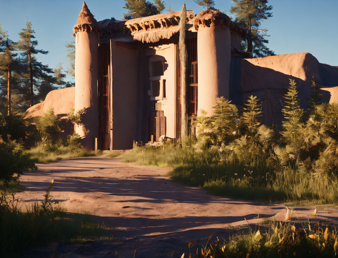 Tranquil pathway to weathered building with ornate pillars surrounded by lush greenery