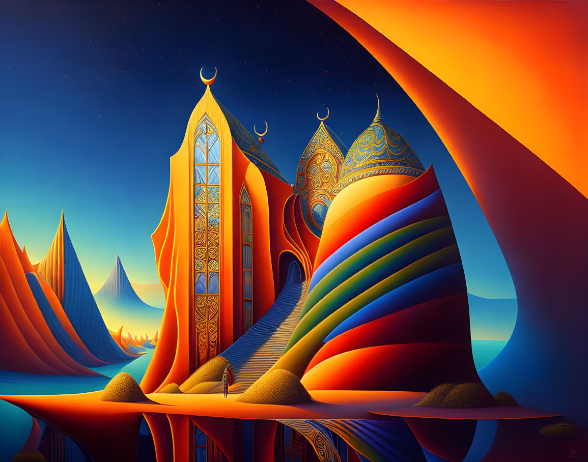 Colorful Surrealist Landscape with Ornate Building, Crescent Moon Motifs, and Reflective Water Body