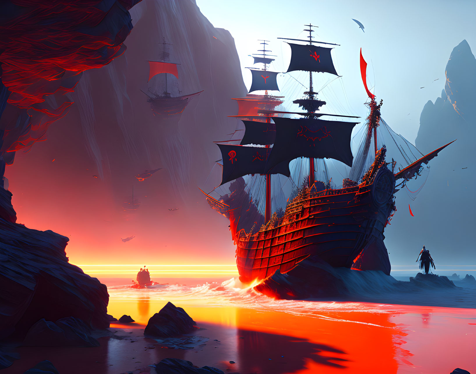 Pirate ships with skull flags on red ocean, figure on shore