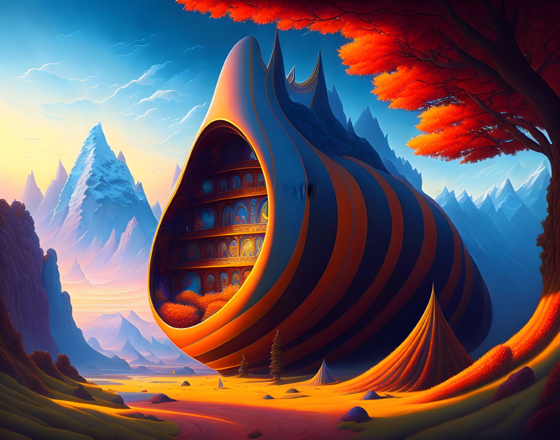 Fantastical landscape with shell-like structure, autumn trees, snowy mountains, and vibrant sky