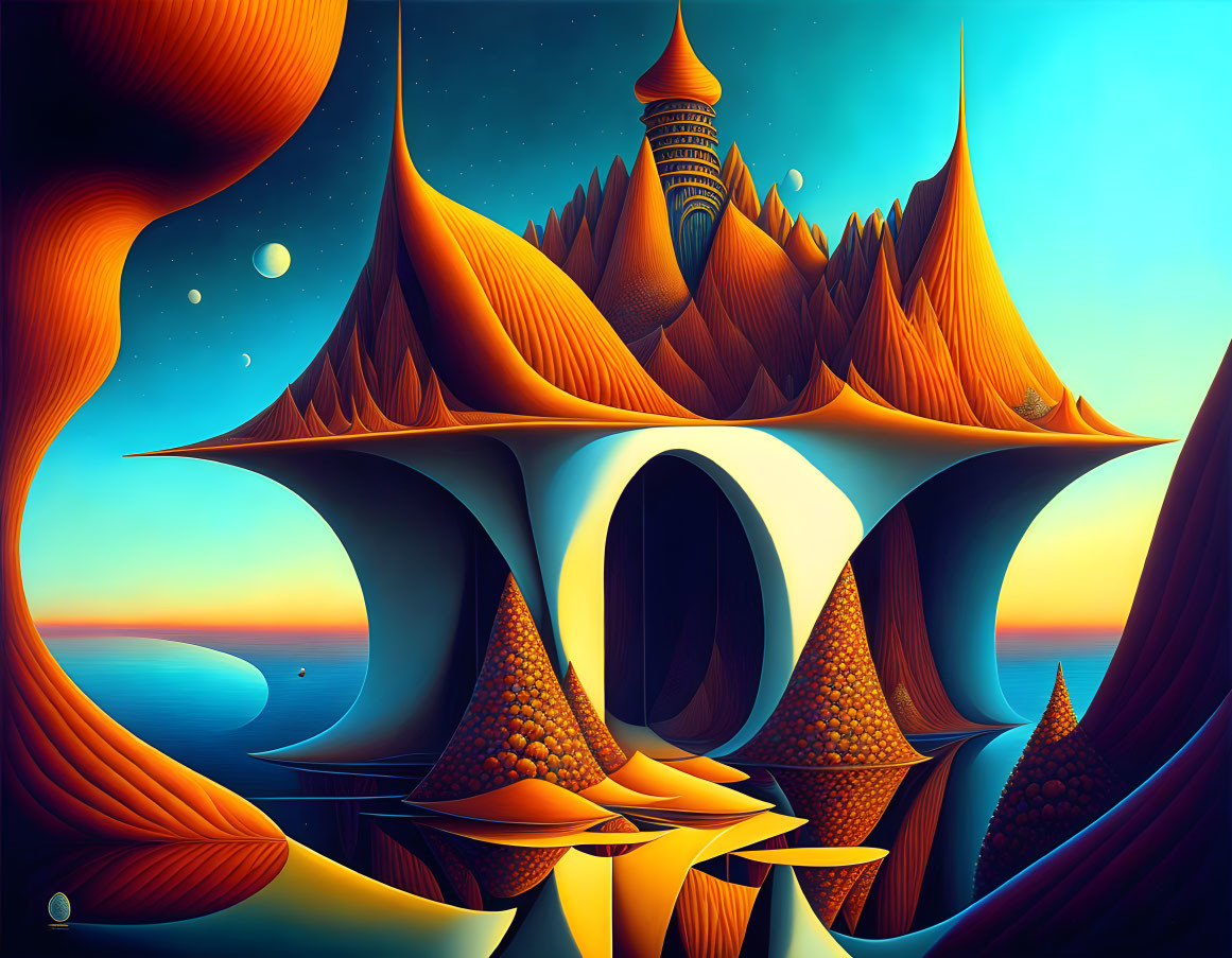 Surreal landscape with organic structures, tower, and planets on orange-blue sky