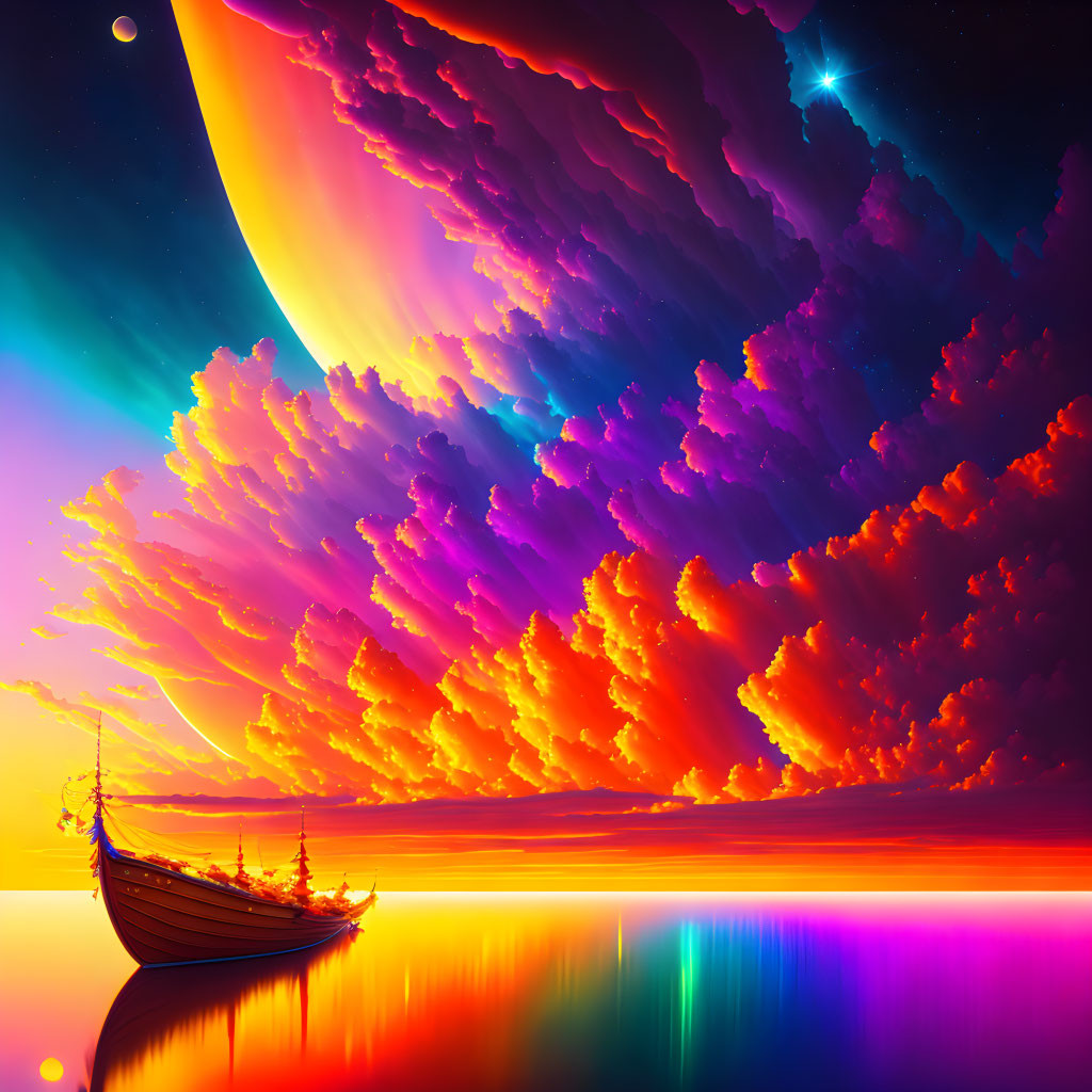 Colorful Sunset Artwork with Oversized Celestial Body and Solitary Boat