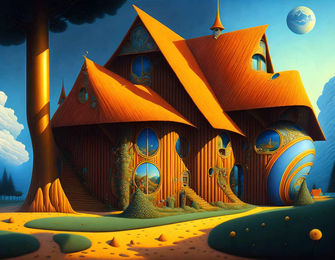 Whimsical house illustration with curved architecture and fantasy landscape