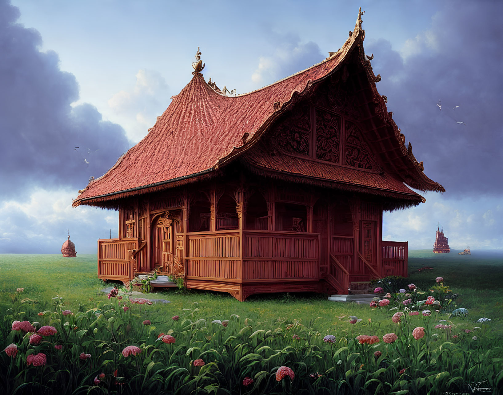 Ornate roof wooden house in grassy field with pink flowers and temple afar