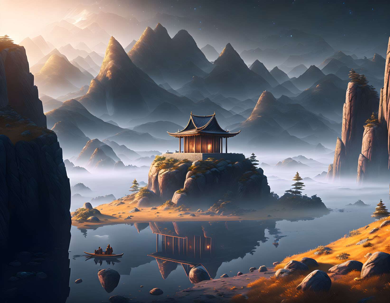 Traditional Pavilion on Rocky Outcrop Amid Misty Mountains and Reflective Lake