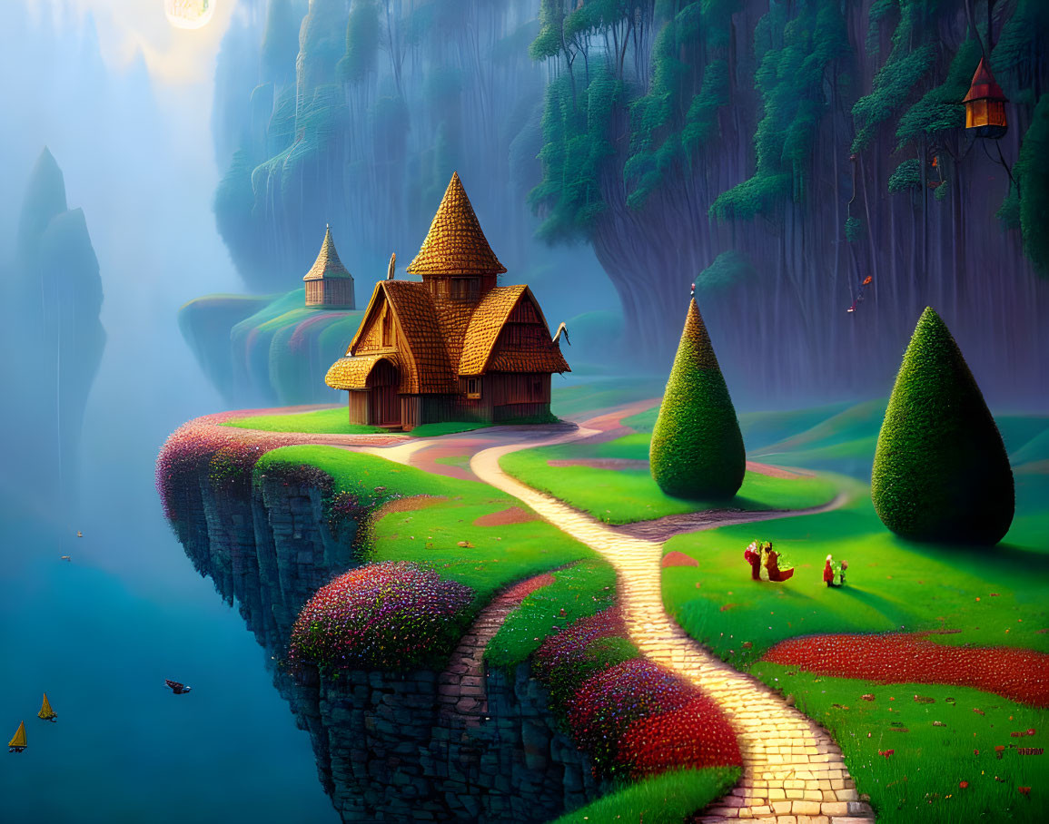 Colorful fantasy landscape with cobblestone path, thatched-roof houses, lush greenery,
