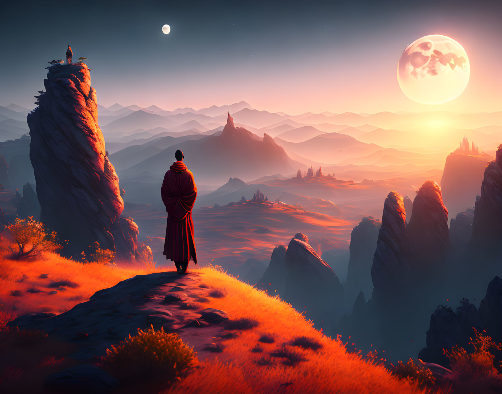 Cloaked Figure on Grassy Cliff at Sunset with Mystical Landscape