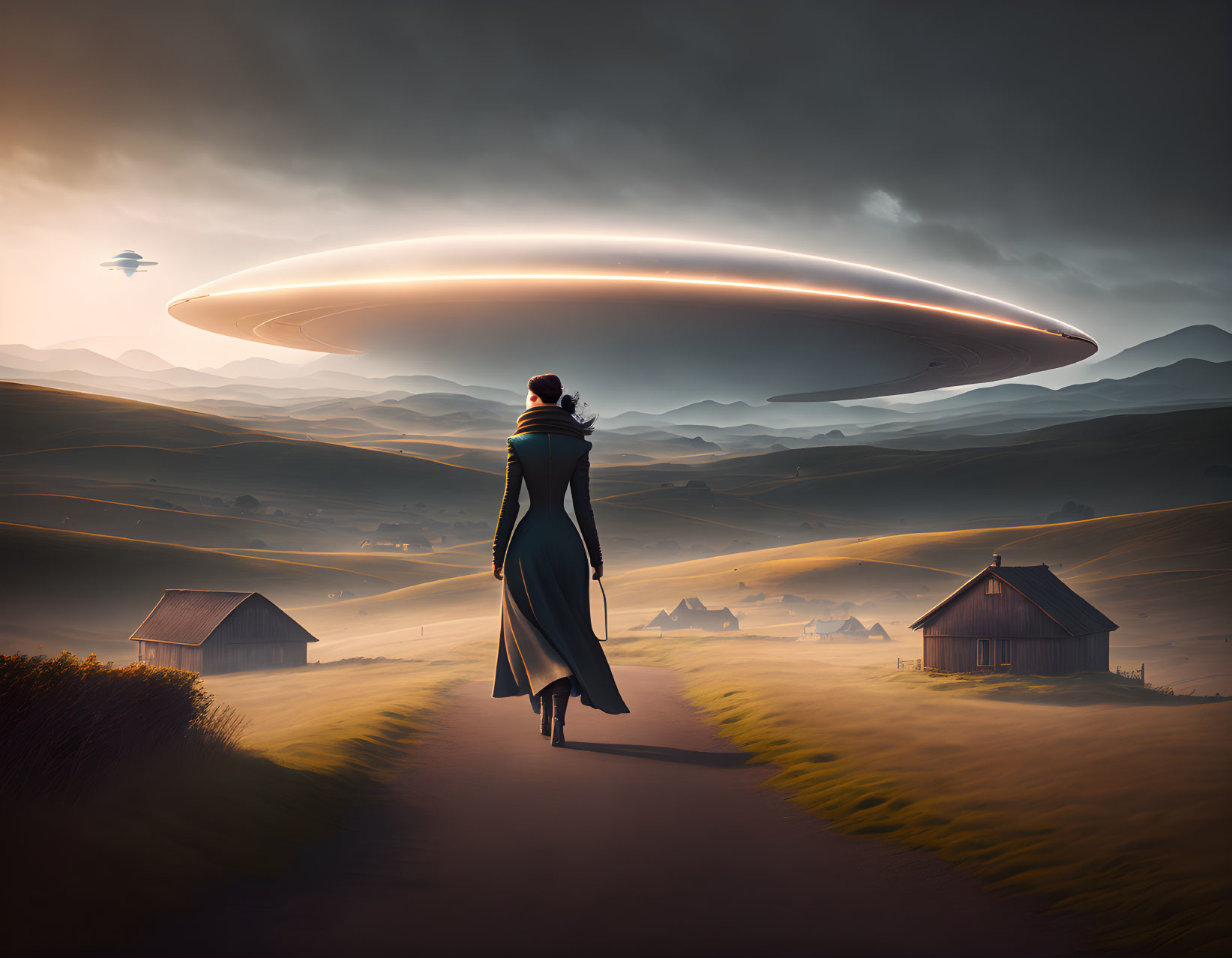 Figure on winding path gazes at large UFO in stormy sky