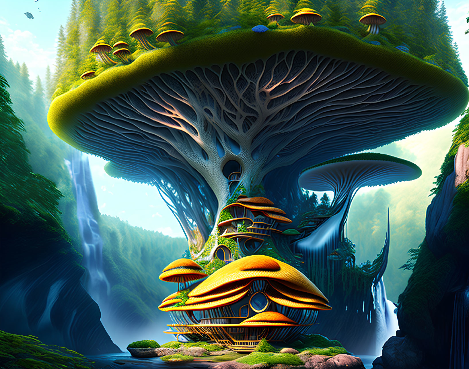 Fantasy landscape with giant mushroom tree and exotic house surrounded by waterfalls