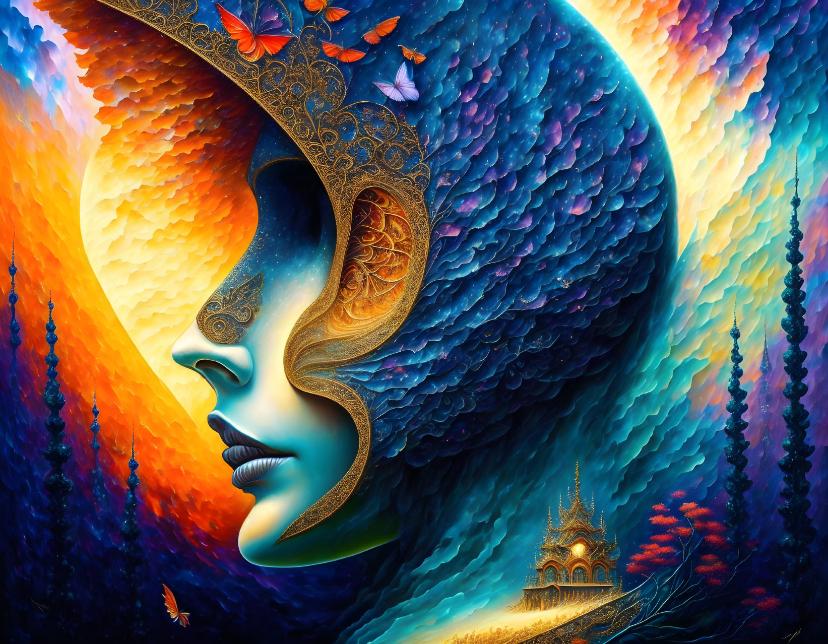 Surrealist profile face with vibrant textures and temple in dreamlike landscape