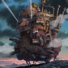 Fantastical floating ship with eclectic architecture sailing in sunset-tinted skies