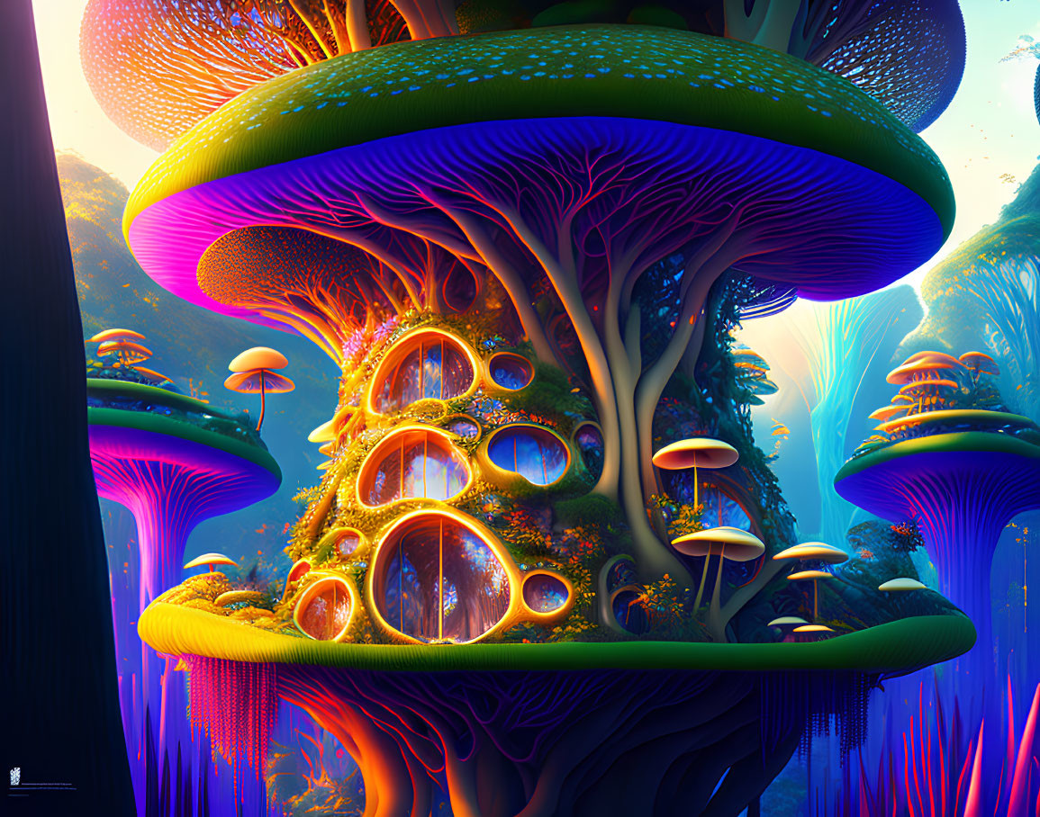 Colorful Fantasy Landscape with Oversized Illuminated Mushrooms