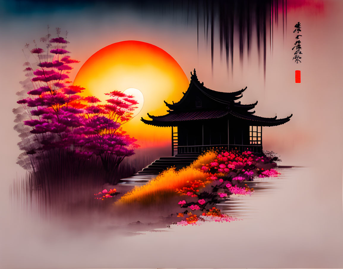 Stylized artwork of Asian pavilion in pink flora with setting sun