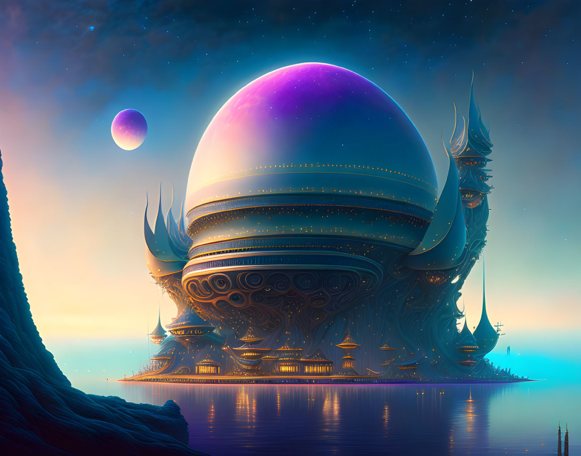 Alien palace with ornate spires under a purple sky by tranquil waters