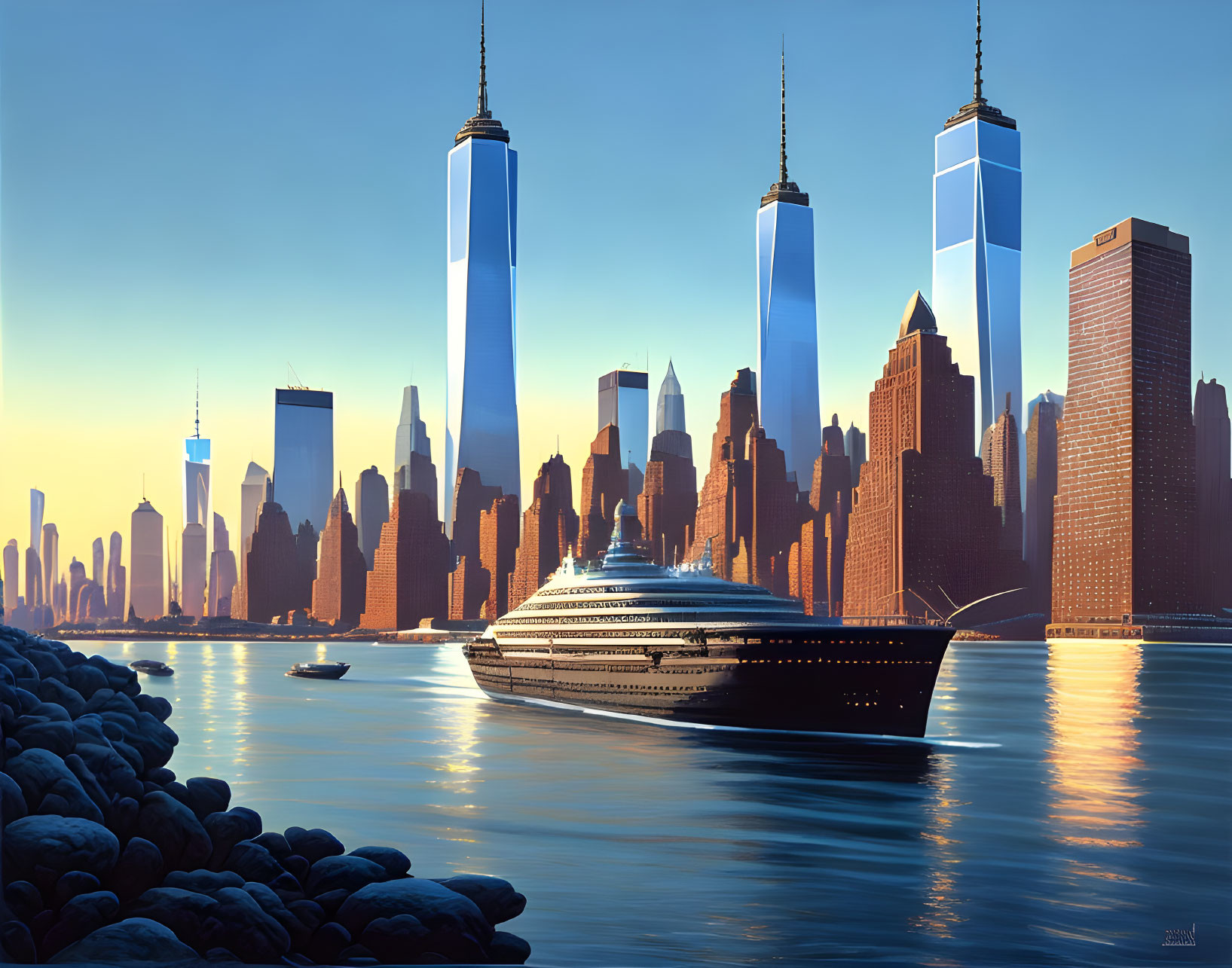 Futuristic city skyline with sleek skyscrapers and modern ship near calm waterway