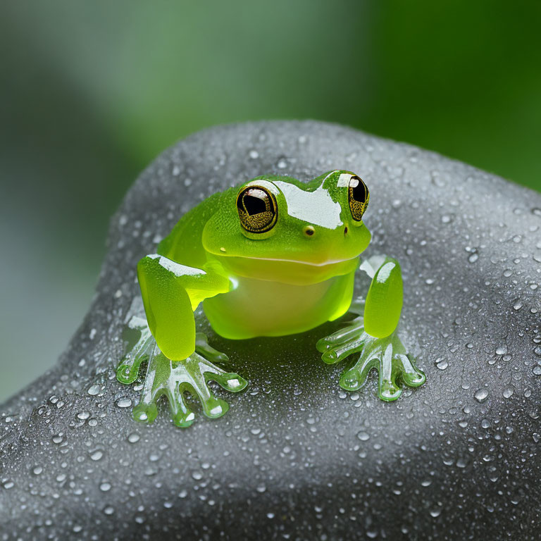 Vibrant Green Frog with Striking Eyes on Dew-Speckled Rock